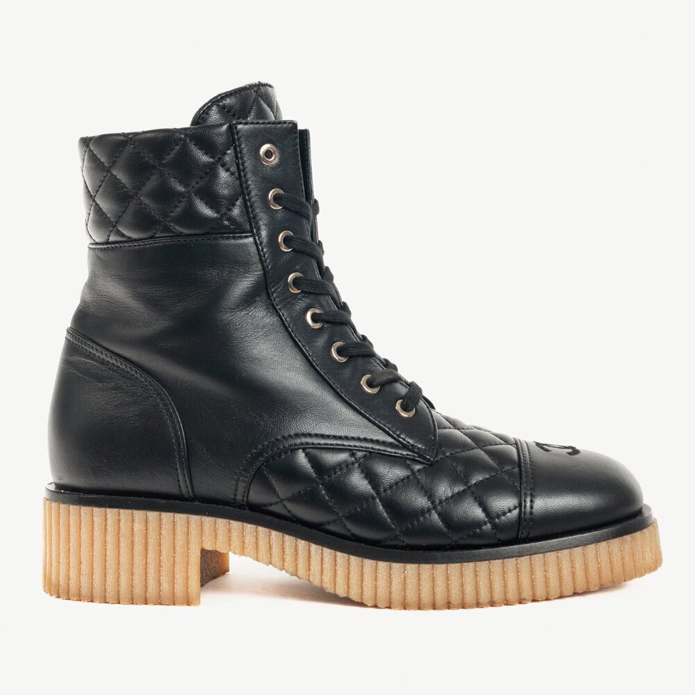 Chanel Black Quilted Leather Interlocking-CC Combat Boots